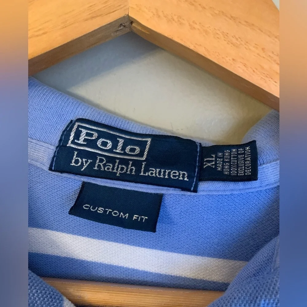Vintage Polo Ralph Lauren Striped Polo Shirt XL Custom Fit 90’s Blue White